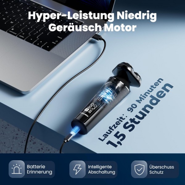 Cleanwise Herren Elektrorasierer, 3D Rasier Bart Trimmer, Nass- und Trockenrasierer, Magnetische Rasierköpfe, IPX7 Wasserdichter Elektrorasierer, USB-C, 90 Minuten Laufzeit