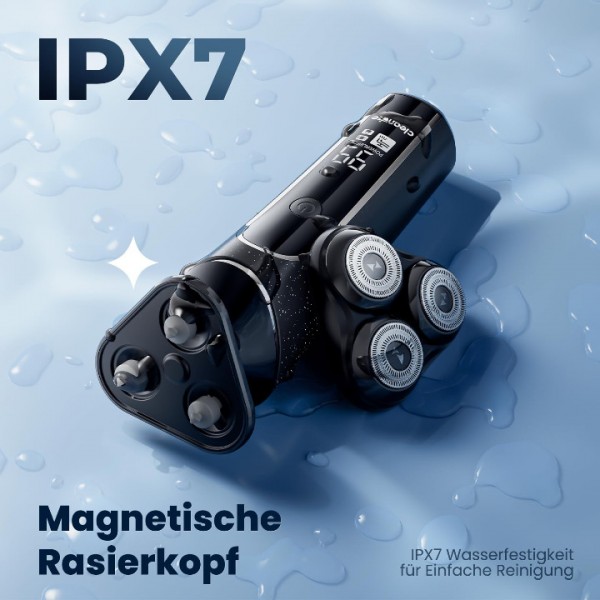 Cleanwise Herren Elektrorasierer, 3D Rasier Bart Trimmer, Nass- und Trockenrasierer, Magnetische Rasierköpfe, IPX7 Wasserdichter Elektrorasierer, USB-C, 90 Minuten Laufzeit