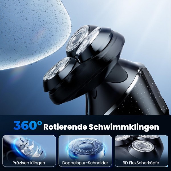 Cleanwise Herren Elektrorasierer, 3D Rasier Bart Trimmer, Nass- und Trockenrasierer, Magnetische Rasierköpfe, IPX7 Wasserdichter Elektrorasierer, USB-C, 90 Minuten Laufzeit